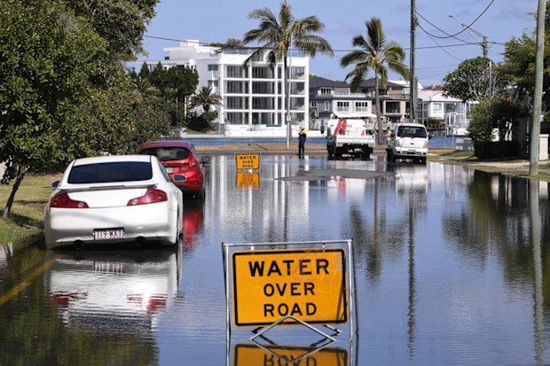 Flooding due to a king tide is seen on the Gold Coast. Huge swells and high tides are set to pummelling south-east Queensland beaches over the coming days as Cyclone Oma tracks towards the Queensland coast. 