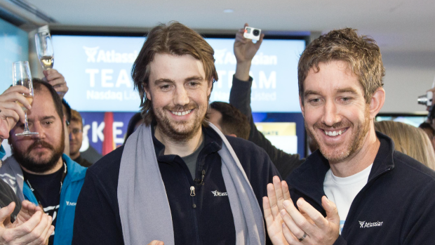 Atlassian founders Scott Farquhar and Mike Cannon-Brookes after listing on the NASDAQ.