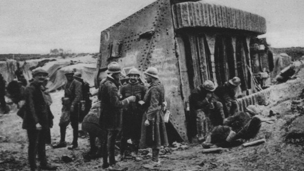 Queenslanders who fought with the 52nd Battalion in the pivotal Villers-Bretonneux Western Front victory have been honoured for the first time. Here troops have captured a German tank.