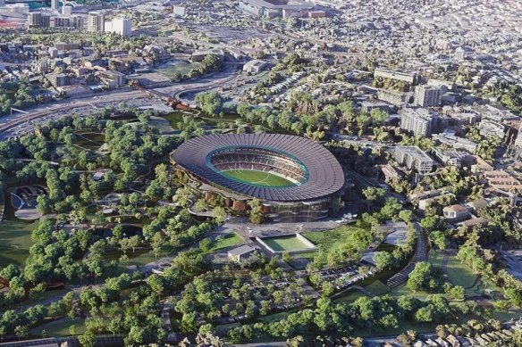 An artist’s impression of the main stadium for the 2032 Olympic and Paralympic Games, to be built at Victoria Park in Brisbane’s inner-north.