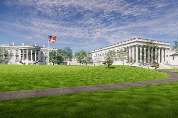 The proposed White House ballroom, to the right of the South Portico, as seen from the South Lawn.