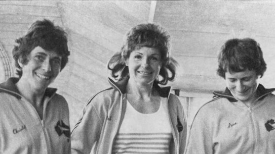 The Australia Womens Soccer Team leaves for Hong Kong in 1975: captain Pat O’Connor, centre, 
Christel Abenthum, left, and goal keeper Sue Taylor.