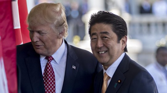 US President Donald Trump, left, and Japanese Prime Minister Shinzo Abein the  West Wing of the White House.`