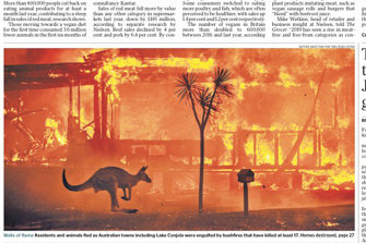 The front page of The Times newspaper in Britain featuring a kangaroo and burning house.