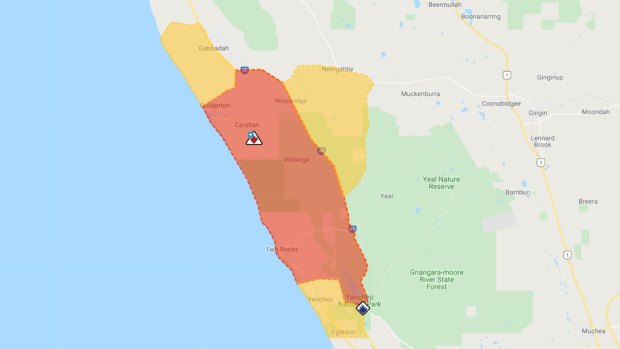 The current Two Rocks Yanchep fire emergency areas.