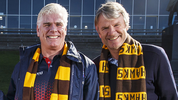 Andy Gowers, right, with 1991 Hawks premiership teammate Gary Ayres.