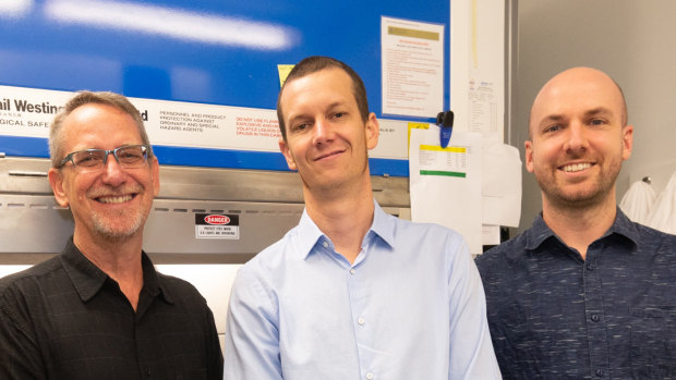 Professor Paul Young, left, Dr Keith Chappell and Dr Dan Watterson developed the new vaccine technology.