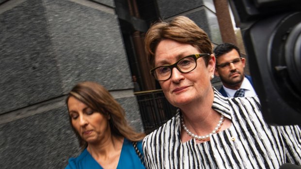 CBA chair Catherine Livingstone leaving the Banking Royal Commission in 2018 after giving testimony. 