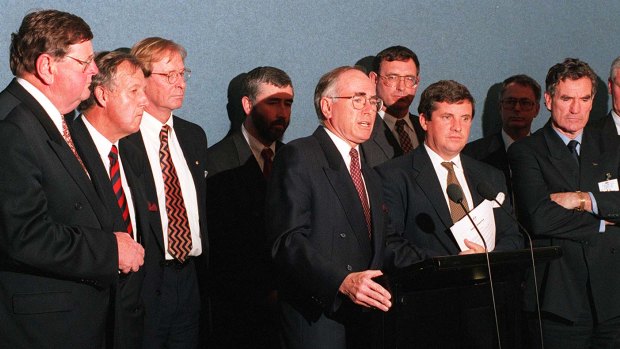 The Prime Minister, John Howard, at a press conference with Police Ministers from around Australia.