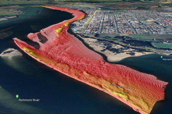 An image taken during the capture of modelling data by plane above the Richmomd River mouth.
