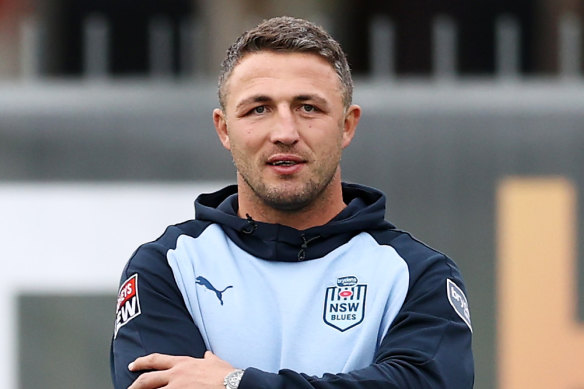 Sam Burgess (right) and Blues assistant Greg Alexander oversee NSW’s Origin preparations in Sydney on Sunday.