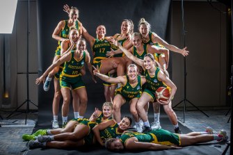 The Australian Opals play around during team photos ahead of their world cup qualifiers in Serbia.