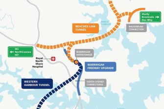 Proposed route of the Western Harbour Tunnel and Beaches Link.
