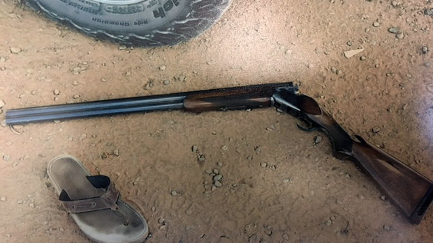 A photo exhibit of the double barrel shotgun that fatally injured David Calandro.