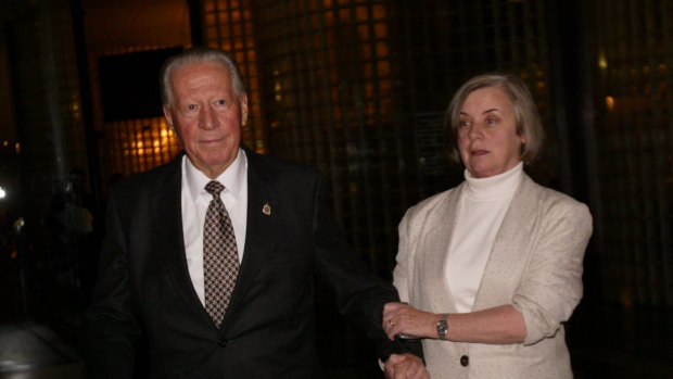 Ken Dyers pictured in 2006 with his partner Jan Hamilton outside court, where he faced multiple charges of sexual assault.