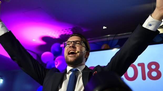 Jimmie Akesson, leader of Sweden Democrats, reacts during the party's election night event in Stockholm, Sweden.