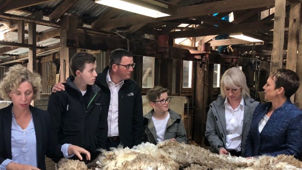 Premier Daniel Andrews visiting a farm in Maroona together with his family and Agriculture Minister Jaala Pulford (far right). 