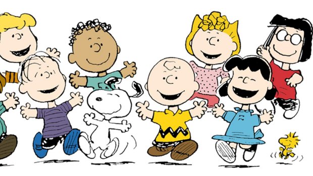 Peanuts characters from left: Schroeder, Linus, Franklin, Snoopy, Charlie Brown, Sally, Lucy, Marcie  and Woodstock.  