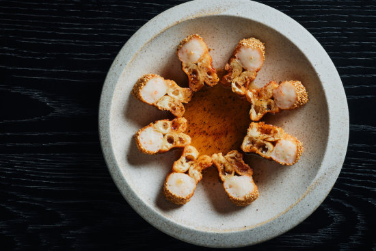 The prawn toast with Chinese doughnut and chilli amazu.