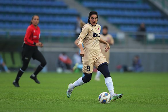 Iranian footballer Zahra Ghanbari during a match.