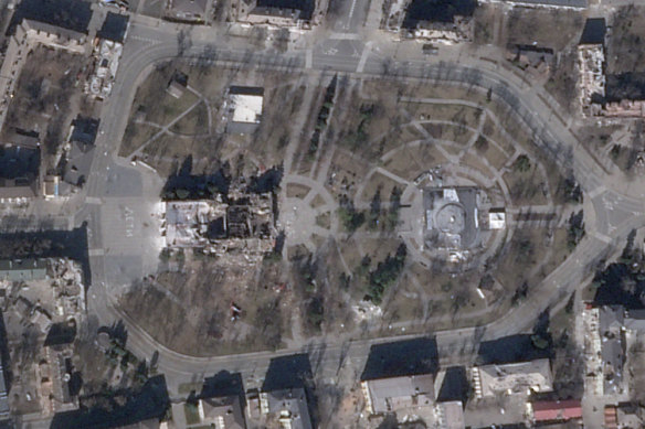 Donetsk Academic Regional Drama Theater, centre left, that had been sheltering those fleeing Russia’s war on Ukraine shown in ruins in Mariupol.