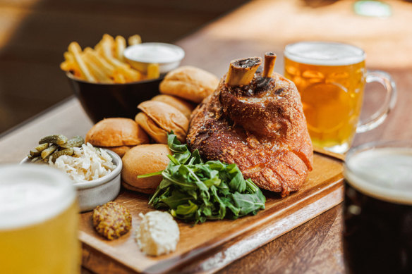 Valley Hops Brewing is serving slow-cooked pork knuckle, smoked garlic kraut, brioche buns, fries and condiments for Oktoberfest.