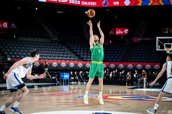 Australian captain Nick Kay shoots against Chinese Taipei in a FIBA World Cup qualifier on Friday night.