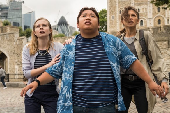 Rice as Betty Brant in 2019’s Spider-Man: Far from Home, with fellow actors Jacob Batalon and Zendaya.