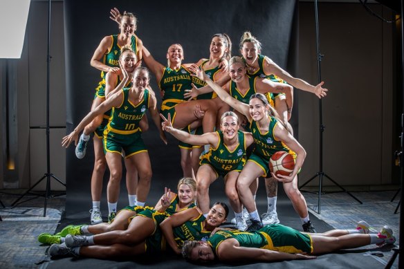 The Australian Opals play around during team photos ahead of their world cup qualifiers in Serbia.
