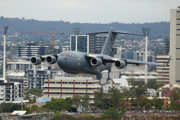 The C-17A Globemaster flys over Woolloongabba on Thursday afternoon in preparation for Riverfire.