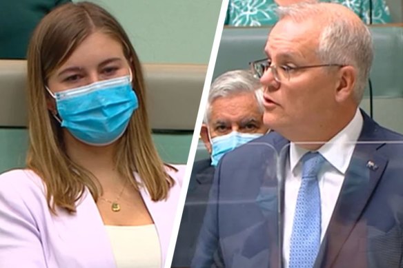 Brittany Higgins watches as Scott Morrison apologises to her in the House of Representatives.