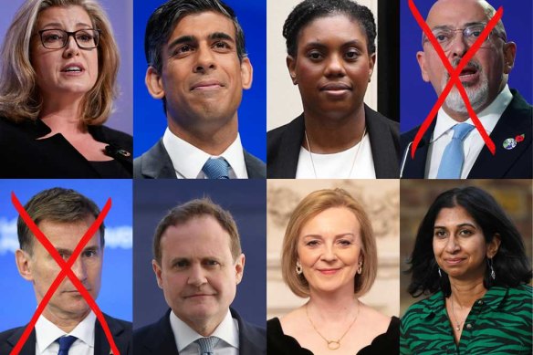 Nadhim Zahawi (top right) and Jeremy Hunt (bottom left) have been eliminated from the Tory leadership contest. Still in the running are (top): Penny Mordaunt, Rishi Sunak and Kemi Badenoch, and (bottom) Tom Tugendhat, Liz Truss and Suella Braverman.