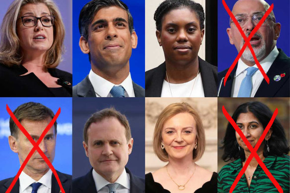 Nadhim Zahawi (top right), Jeremy Hunt (bottom left) and Suella Braverman (bottom right) have been eliminated from the Tory leadership contest. Still in the running are (top): Penny Mordaunt, Rishi Sunak and Kemi Badenoch, and (bottom) Tom Tugendhat and Liz Truss.