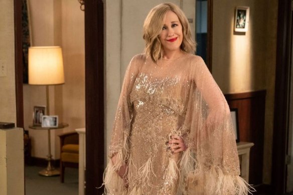 Moira Rose (Catherine O'Hara) in one of the many zany outfits in series six of Schitt's Creek.