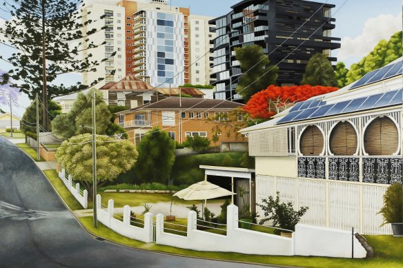 Dem Stephen Nothling säin 2020 Belleview View erfaasst de spéidere Suburbanismus vum Brisbane sengem éischte Wolkenkratzer, Torbreck.