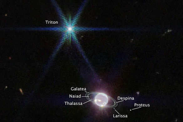 The James Webb telescope has captured seven of Neptune’s 14 known moons: Galatea, Naiad, Thalassa, Despina, Proteus, Larissa, and Triton. Neptune’s large and unusual moon, Triton, dominates this Webb portrait of Neptune as a very bright point of light sporting the signature diffraction spikes seen in many of Webb’s images.
Webb’s Near-Infrared Camera also revealed the planet’s rings, which have not been seen with this clarity in more than three decades.