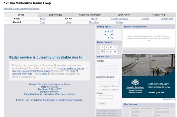 The Bureau of Meteorology says technicians are working to bring Melbourne’s rain radar back online. 