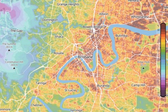 A heat map of Brisbane for January 19, 2024. Darker colours show hotter areas.