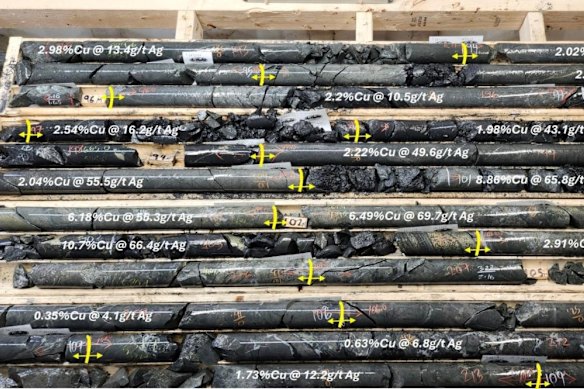 Aruma Resources topped this week’s Big Hits with multiple high-grade copper-silver intercepts from its Tillex project in Canada, including the pictured 16.1m interval from 93.2m to 109.3m, which contained 5.6m grading 5.36% copper and 56.89g/t silver from 98m.
