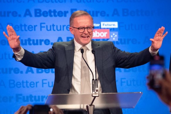 Australia’s Prime Minister-elect 
Anthony Albanese addresses Labor Party faithful at Canterbury-Hurlstone Park RSL.