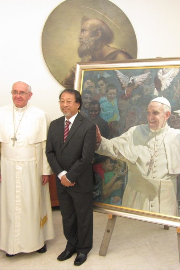 Bundeena artist Jiawei Shen with Pope Francis.