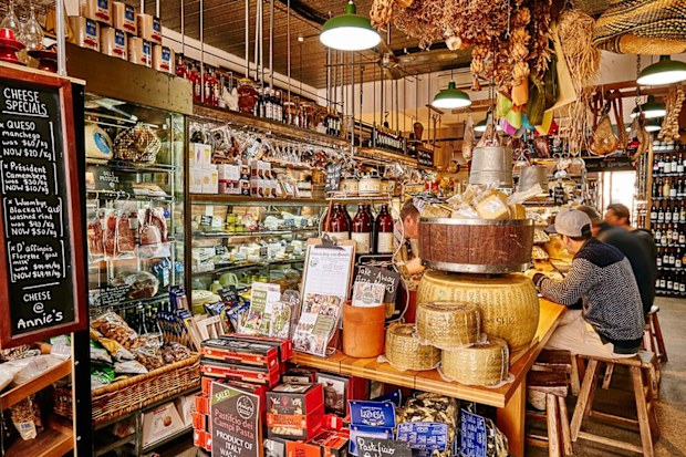 An italian deli selling wine, cheese, meat, and many other goodies.