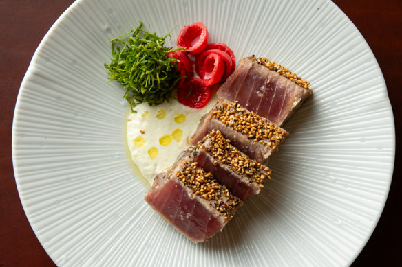 Tuna with almond, cucumber and quandong.