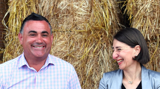 Premier Gladys Berejiklian and Deputy Premier John Barilaro on Boyd Baling farm in Lismore.