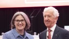 Coles CEO Leah Weckert with chairman James Graham at the AGM on Tuesday.