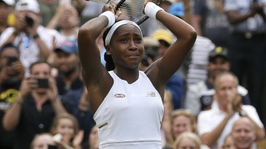 Cori "Coco" Gauff reacts after beating Venus Williams in the first round.