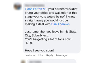 More examples of offensive comments on Fiona Patten’s social media. 