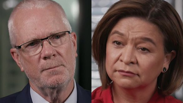 Former ABC chairman Justin Milne (left) and former ABC managing director Michelle Guthrie during interviews with Four Corners journalist Sarah Ferguson.