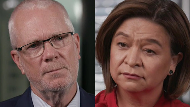 Former ABC chairman Justin Milne (left) and former ABC managing director Michelle Guthrie during interviews with Four Corners journalist Sarah Ferguson.