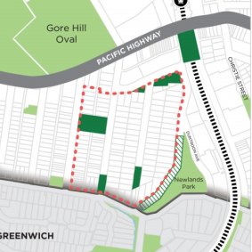 The final plan for St Leonards South - bordered by the red dotted line - doesn't include a central park.